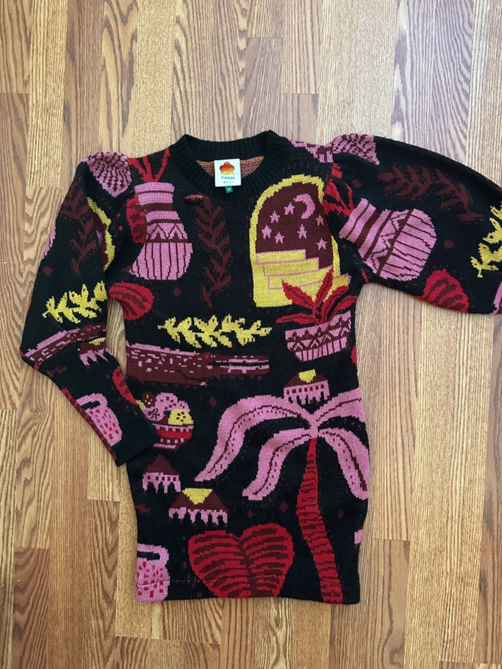 Farm Rio Colorful Graphic Knit Sweater with Pink & Red Motifs